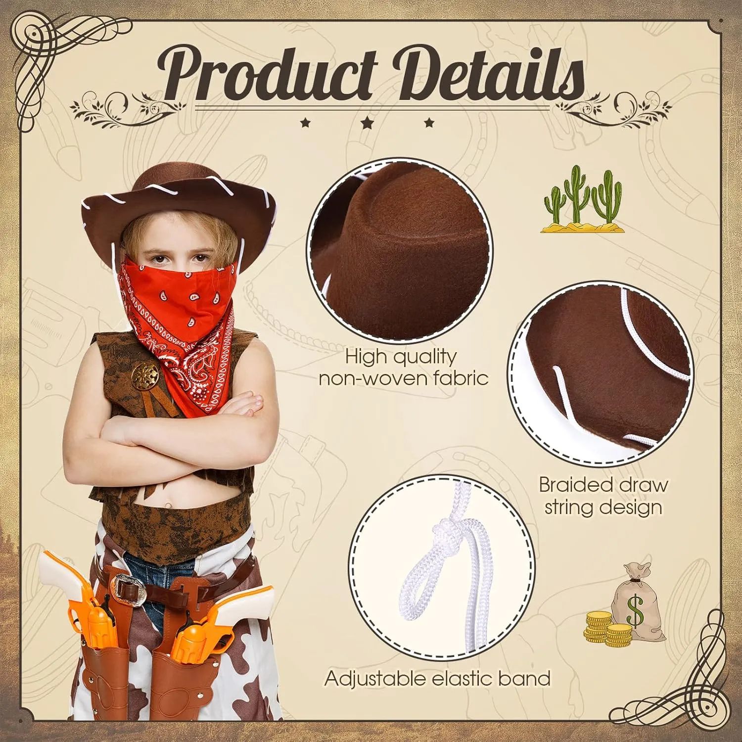 Unittype 18 Sets Cowboy Hats and Bandanas Bulk Kids Western Cowboy Costume Accessories Kids Party Supplies