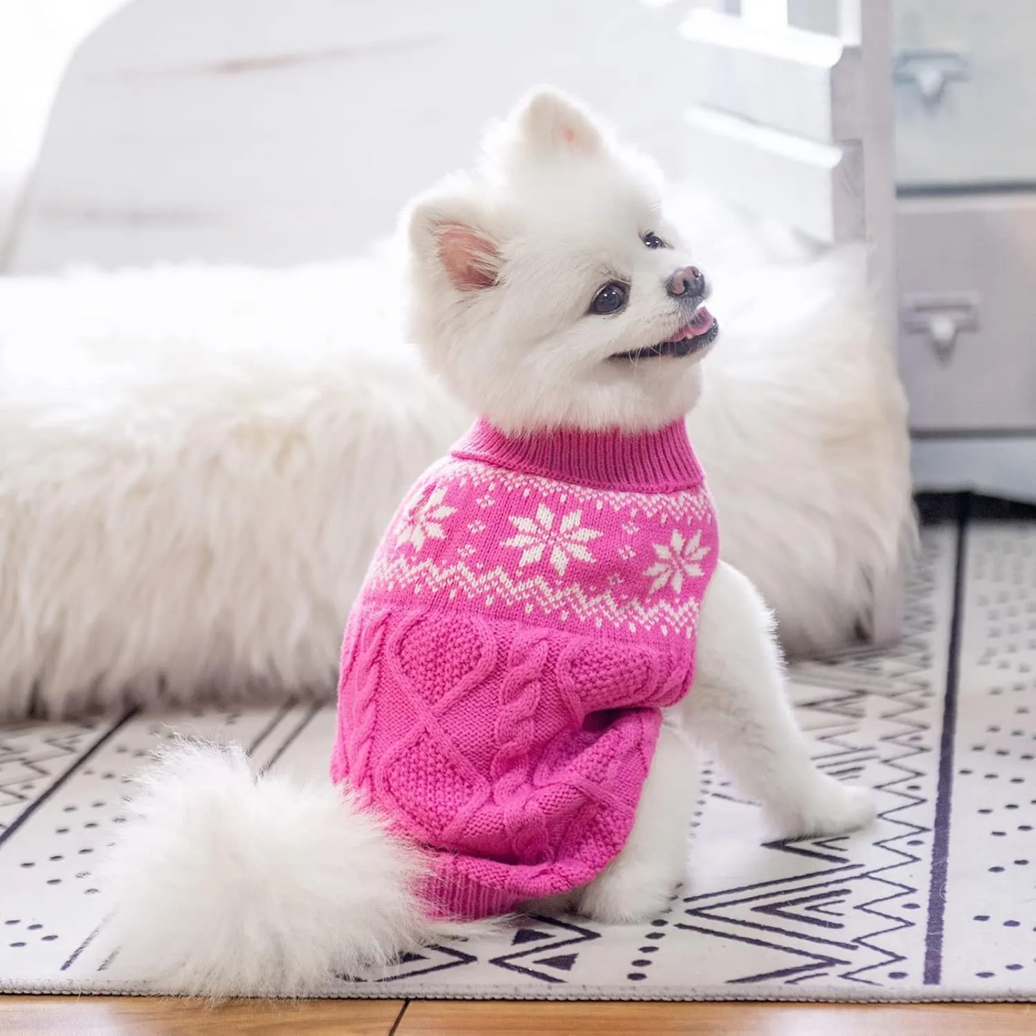 Warm Winter Dog Sweater - Cold Weather Pet Clothes for Small Medium Large Dogs Indoor Outdoor, Soft Classic Knit Puppy Apparel, Pink, XS