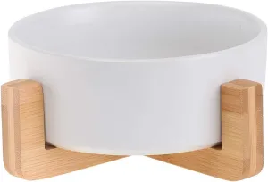 White Ceramic Cat Dog Bowl Dish with Wood Stand No Spill Pet Food Water Feeder Cats Small Dogs