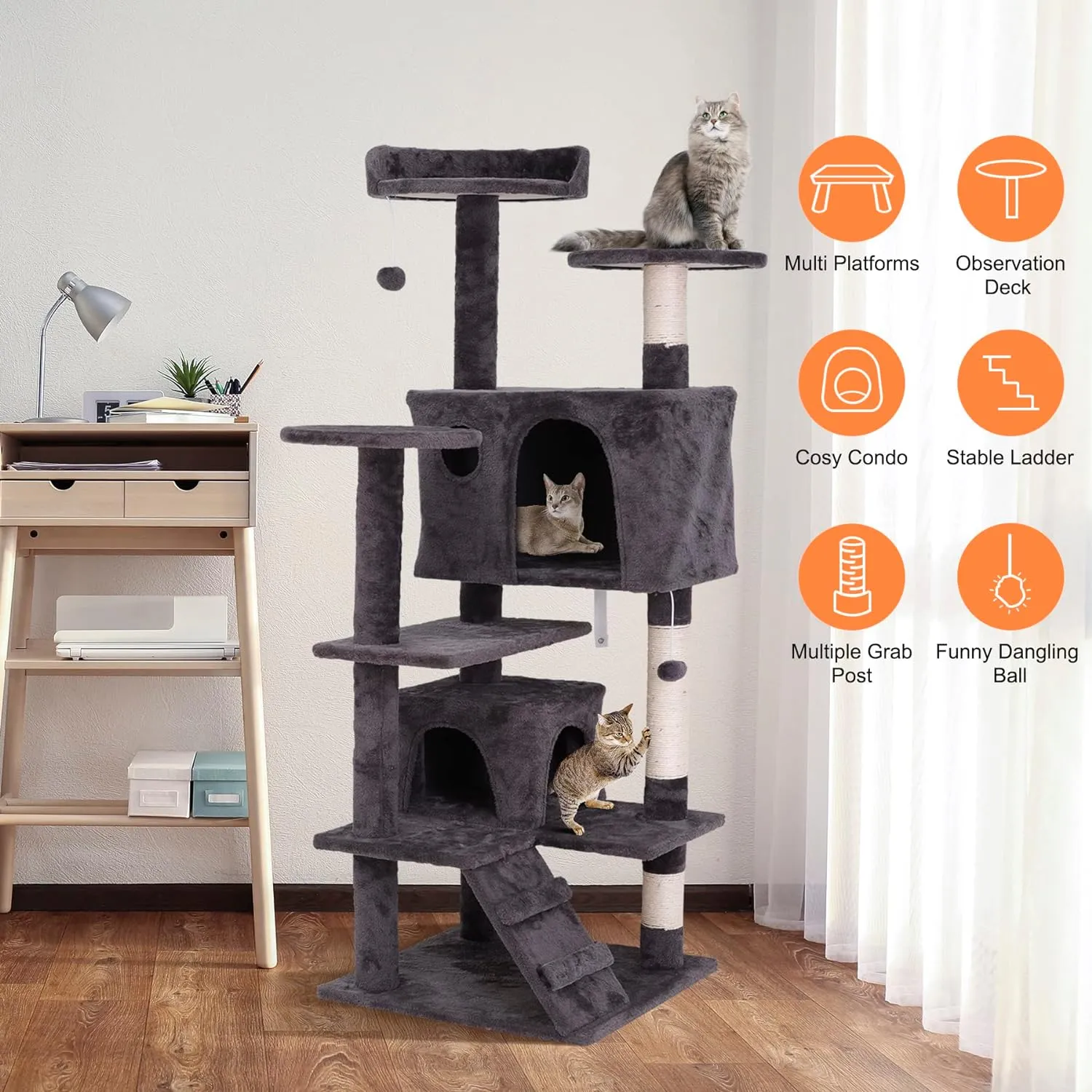ZENY 54 Inch Cat Tree, Indoor Cat Tower Condo, Multi-Level Cat House with Sisal-Covered Scratching Post   2 Play House, Pet Cat Furniture, Grey
