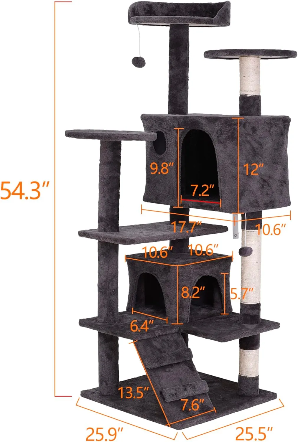 ZENY 54 Inch Cat Tree, Indoor Cat Tower Condo, Multi-Level Cat House with Sisal-Covered Scratching Post   2 Play House, Pet Cat Furniture, Grey