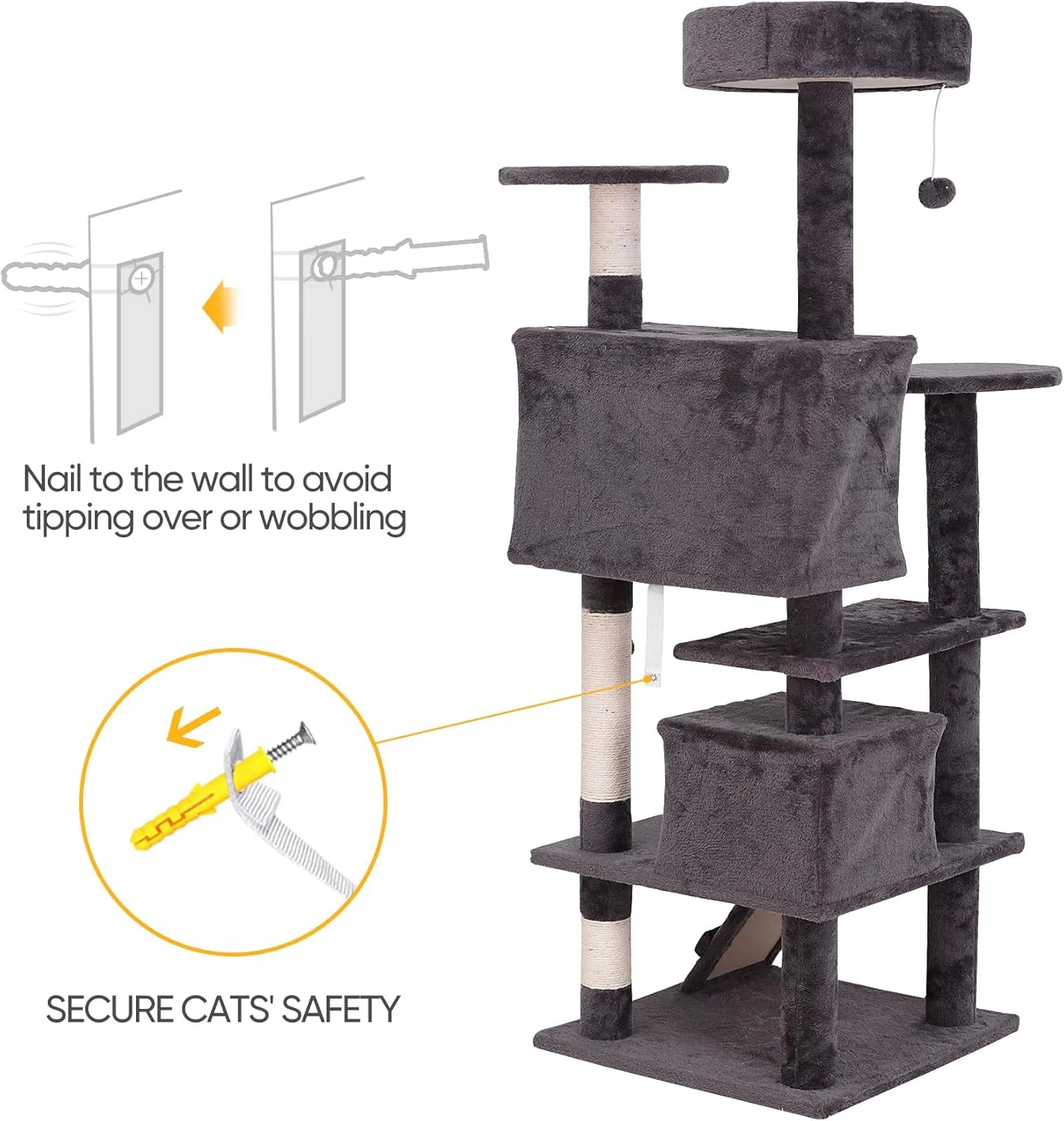 ZENY 54 Inch Cat Tree, Indoor Cat Tower Condo, Multi-Level Cat House with Sisal-Covered Scratching Post   2 Play House, Pet Cat Furniture, Grey