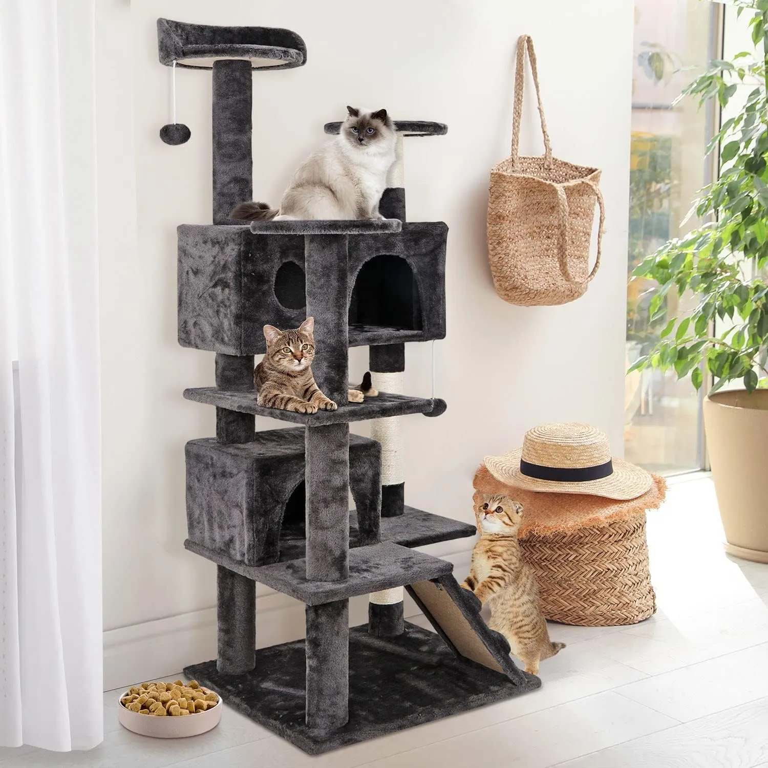 ZENY 54 Inch Cat Tree, Indoor Cat Tower Condo, Multi-Level Cat House with Sisal-Covered Scratching Post   2 Play House, Pet Cat Furniture, Grey